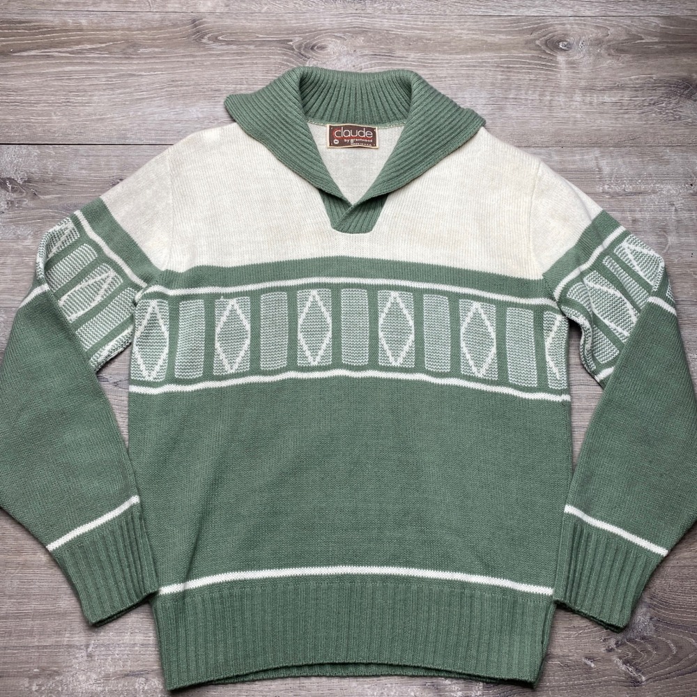 Claude Brentwood Sweater Men M Green Cream Geometric Knit Shawl Vintage USA Made